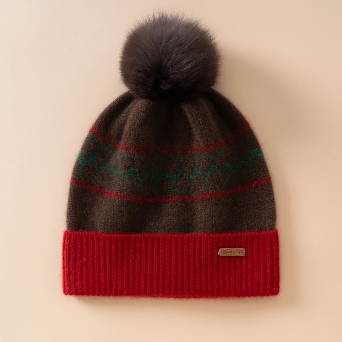 Bonnet Jacquard Nordique en Cachemire à Pompon Fourrure