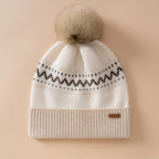Bonnet Jacquard Nordique en Cachemire à Pompon Fourrure