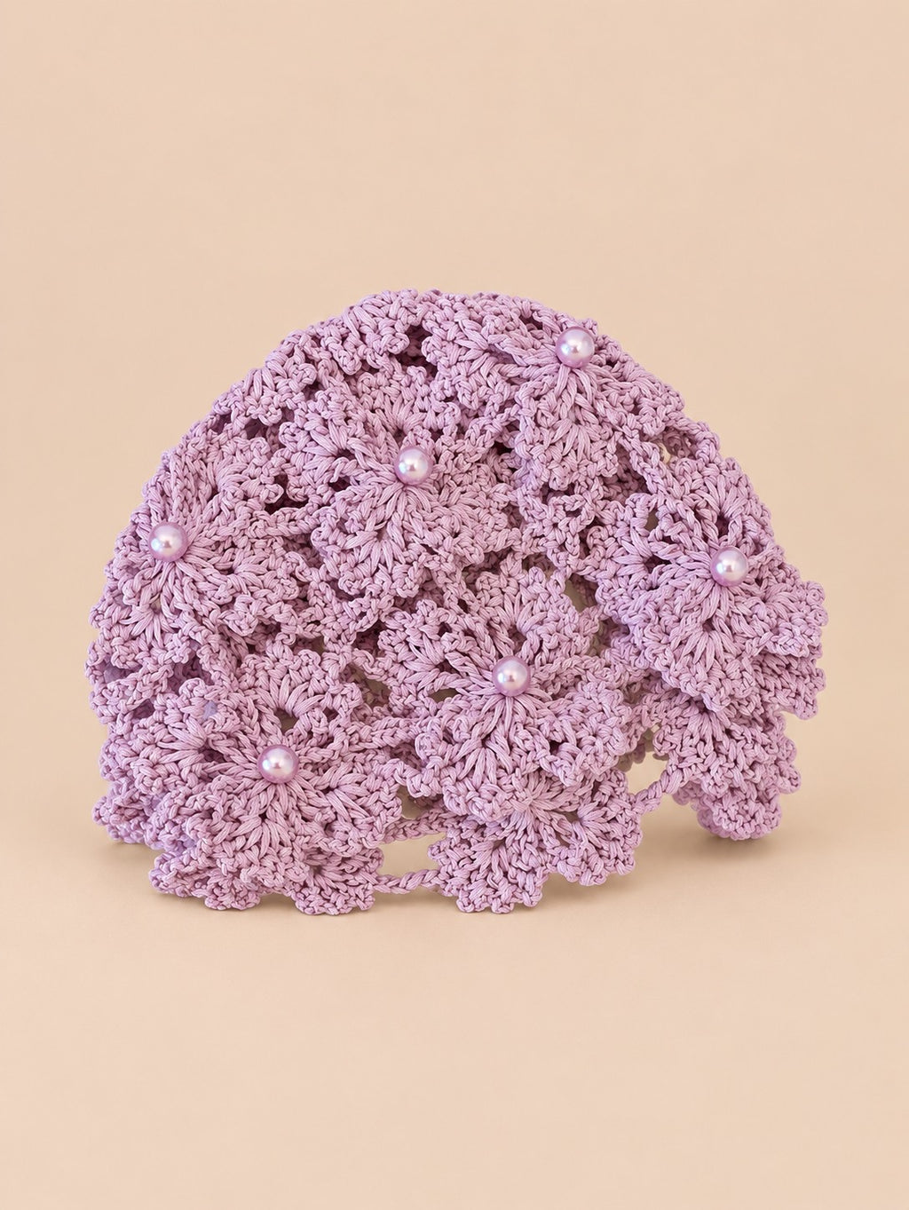Bonnet au crochet ajouré à perles pour femme, coloris Lavande, vue de face