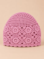 Béret femme à fleurs au crochet, rose, vue de face