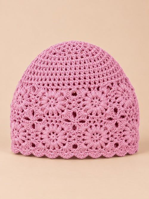 Béret femme à fleurs au crochet, rose, vue de face