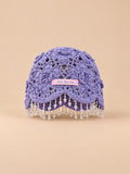 Bonnet bohème au crochet à perles et pompons, violet, vue de face