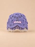 Bonnet bohème au crochet à perles et pompons, violet, vue de face