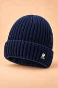 Bonnet épais doublé polaire bleu en maille côtelée, vue trois quarts