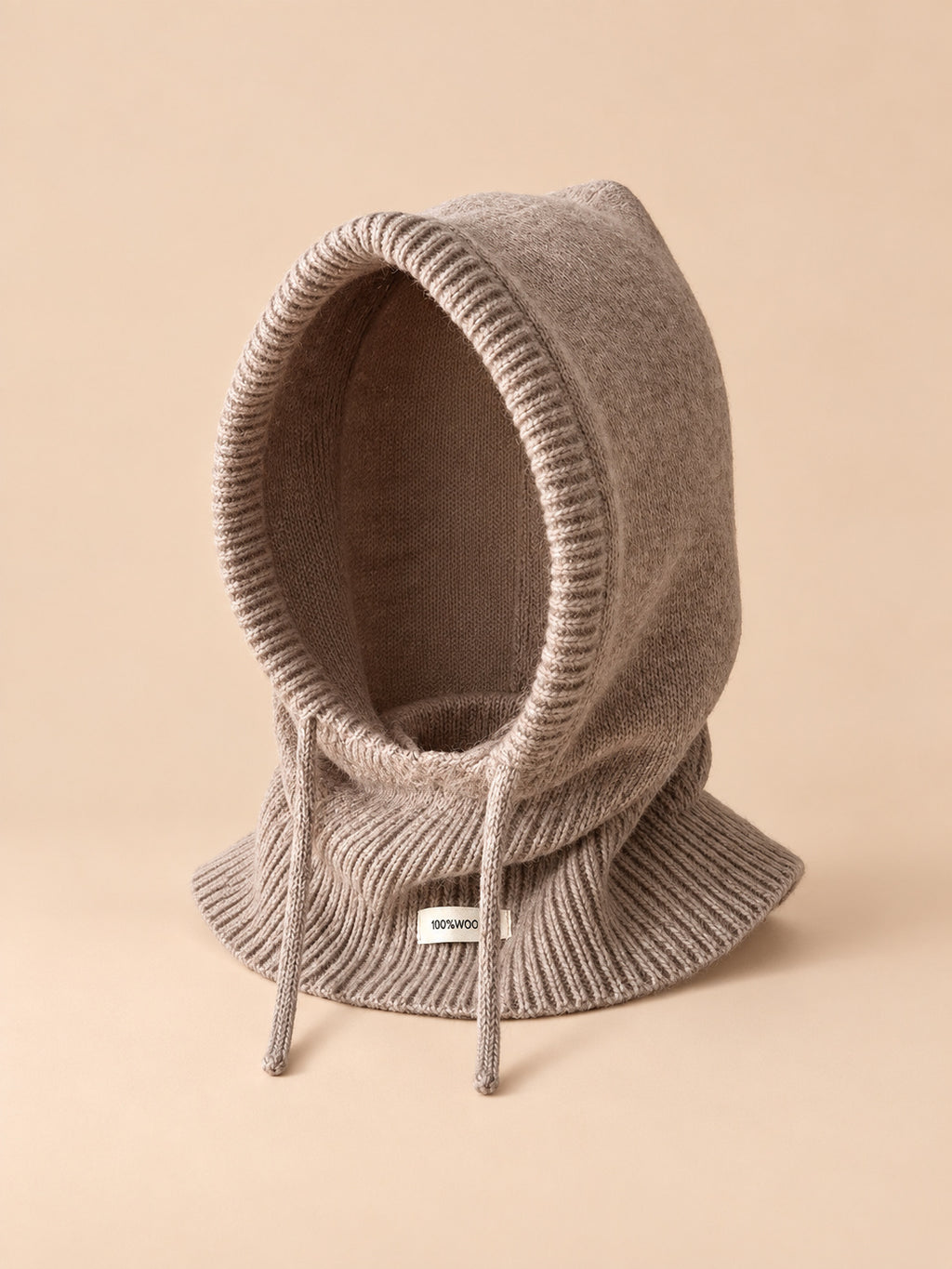 Cagoule femme en laine kaki, col intégré et cordons, vue de face
