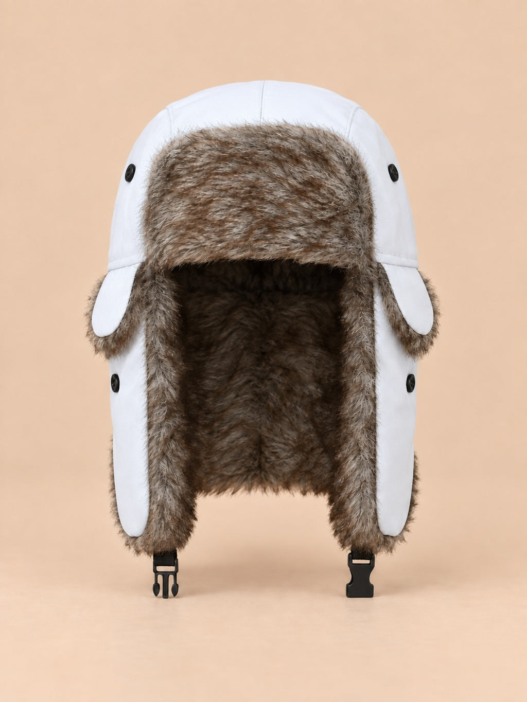 Chapka trappeur homme à rabats et jugulaire blanc, vue de face.