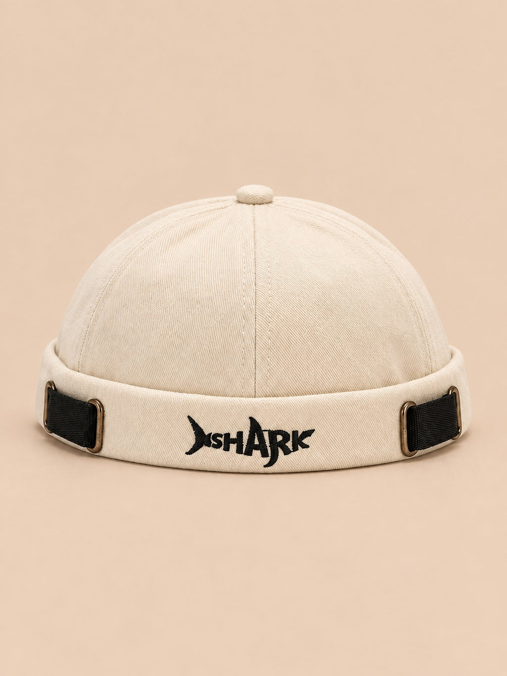 Bonnet docker Bocca blanc en coton, broderie SHARK et boucles réglables, vue de face.