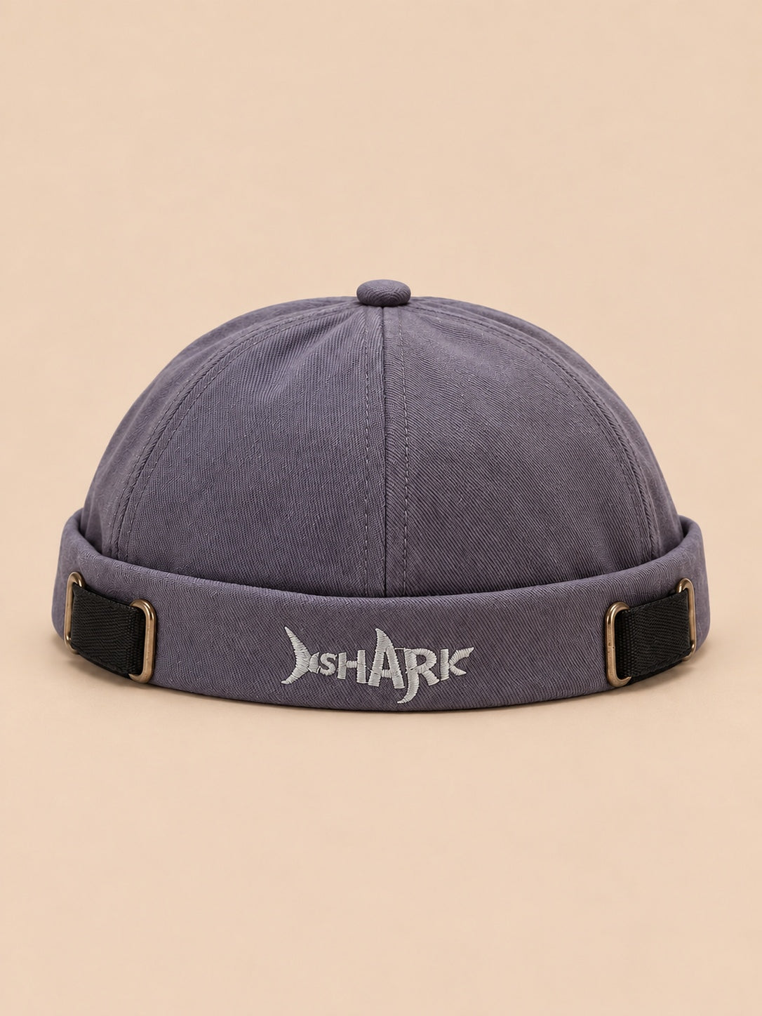 Bonnet docker Bocca bleu gris en coton, broderie SHARK et boucles réglables, vue de face.