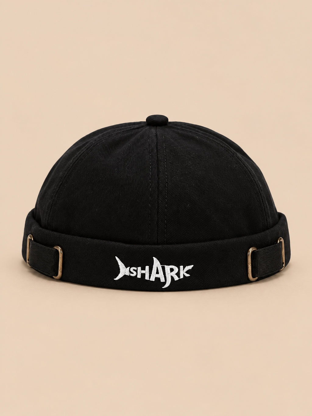 Bonnet docker Bocca noir en coton, broderie SHARK et boucles réglables, vue de face.