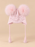 Bonnet enfant à deux pompons en fourrure, rose pompons assortis vue de face