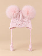 Bonnet enfant à deux pompons en fourrure, rose pompons assortis vue de face