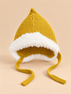 Bonnet enfant lutin à oreillettes jaune, vue de face.