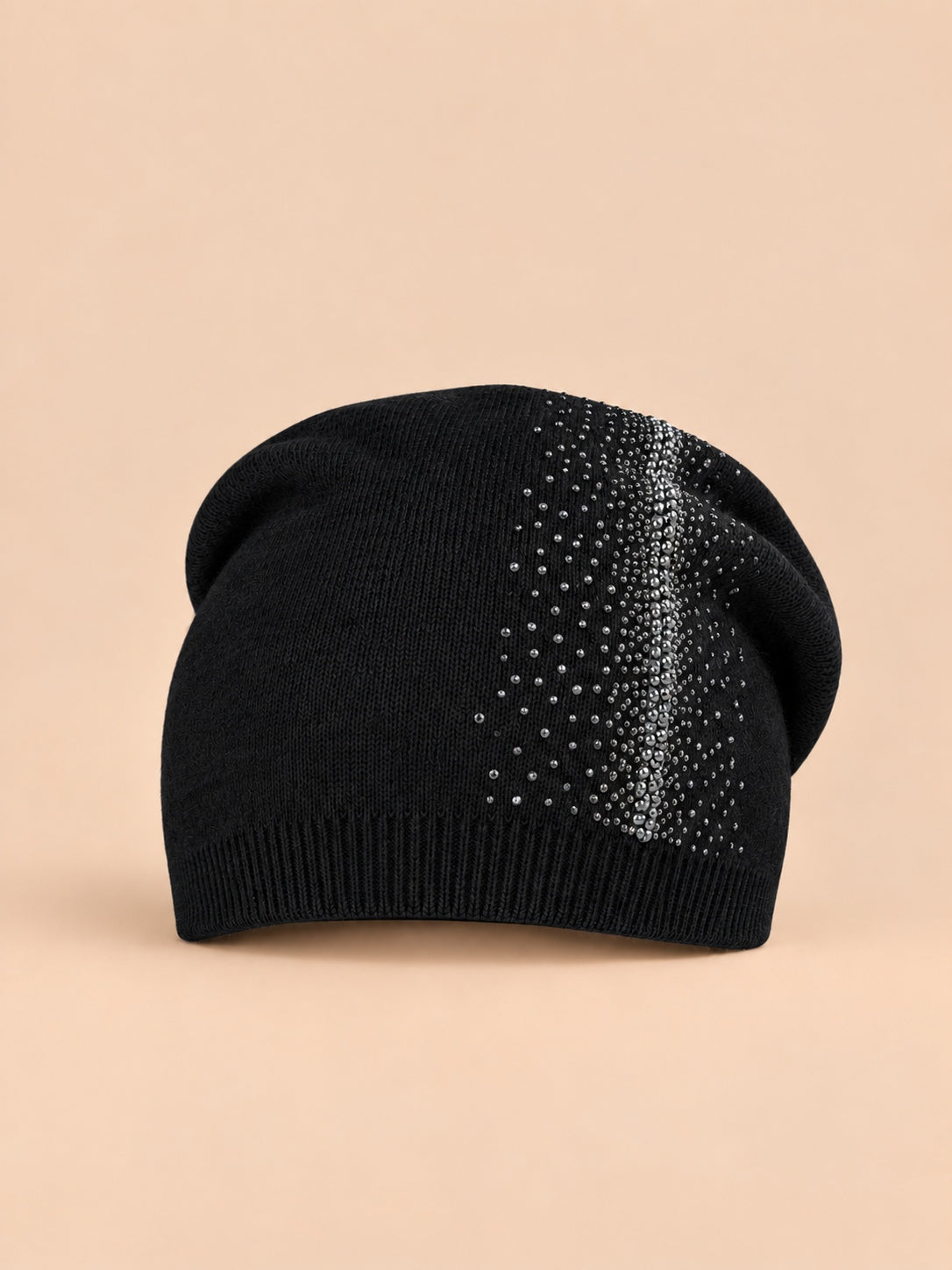 Bonnet ENJOYFUR à strass en laine mélangée noir, vue de face.