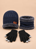 Ensemble bonnet tour de cou et gants coupe-vent bleu marine, vue de face.