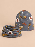 Ensemble bonnet et snood enfant Éléphant bleu, vue de face.