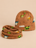 Ensemble bonnet et snood enfant Voiture café, vue de face.