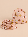Ensemble bonnet et snood enfant Éléphant rose, vue de face.