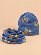 Ensemble bonnet et snood enfant Lion bleu lac, vue de face.
