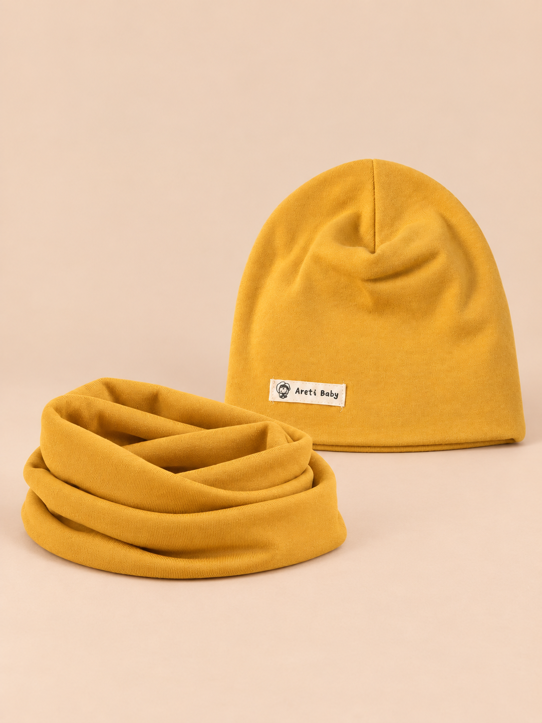 Ensemble bonnet et snood enfant Jaune, vue de face.