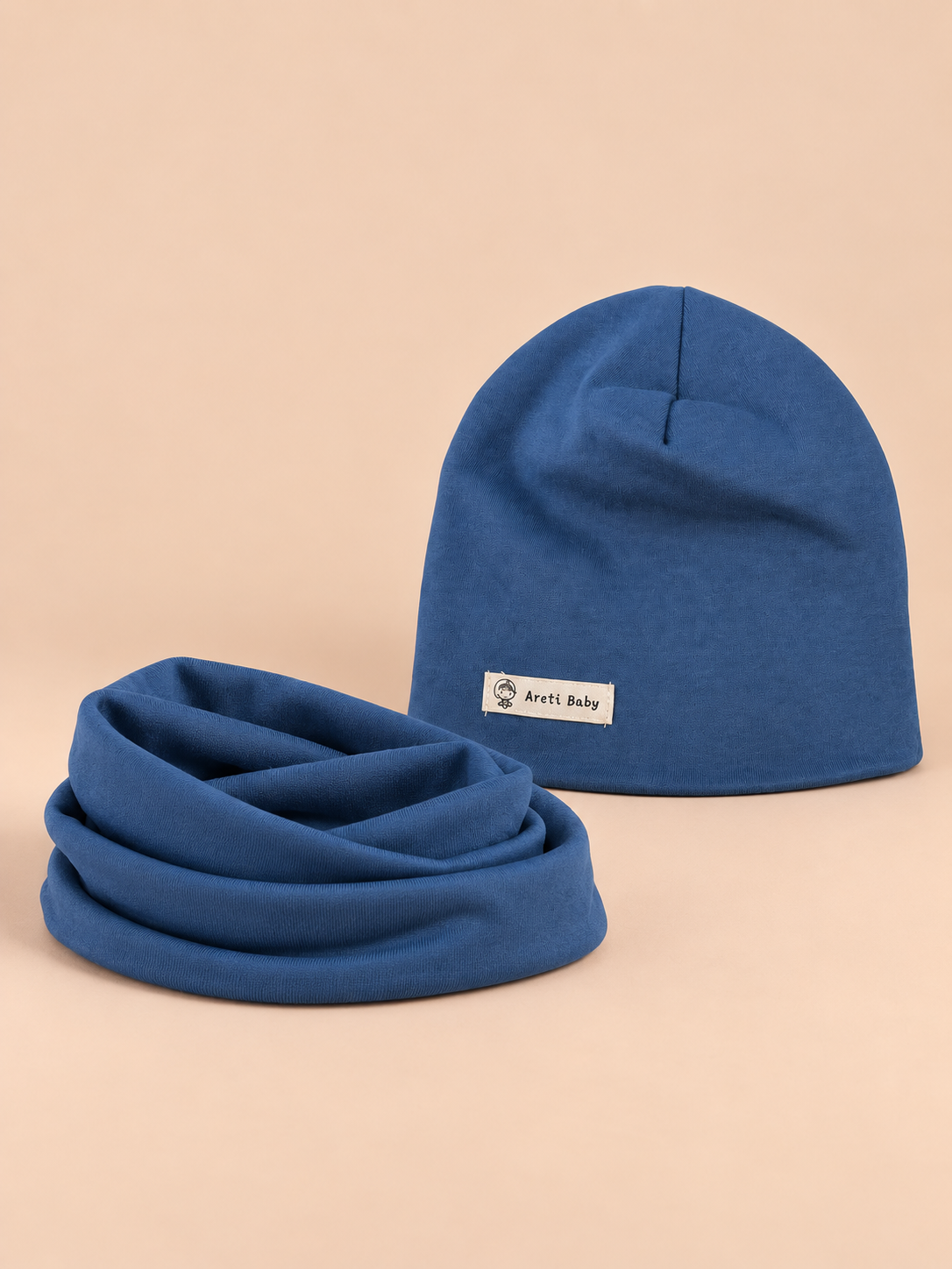 Ensemble bonnet et snood enfant Bleu, vue de face.