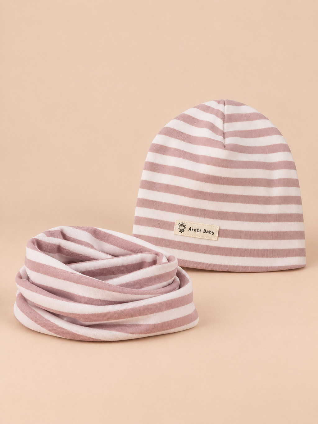 Ensemble bonnet et snood enfant Rayures rose et blanc, vue de face.
