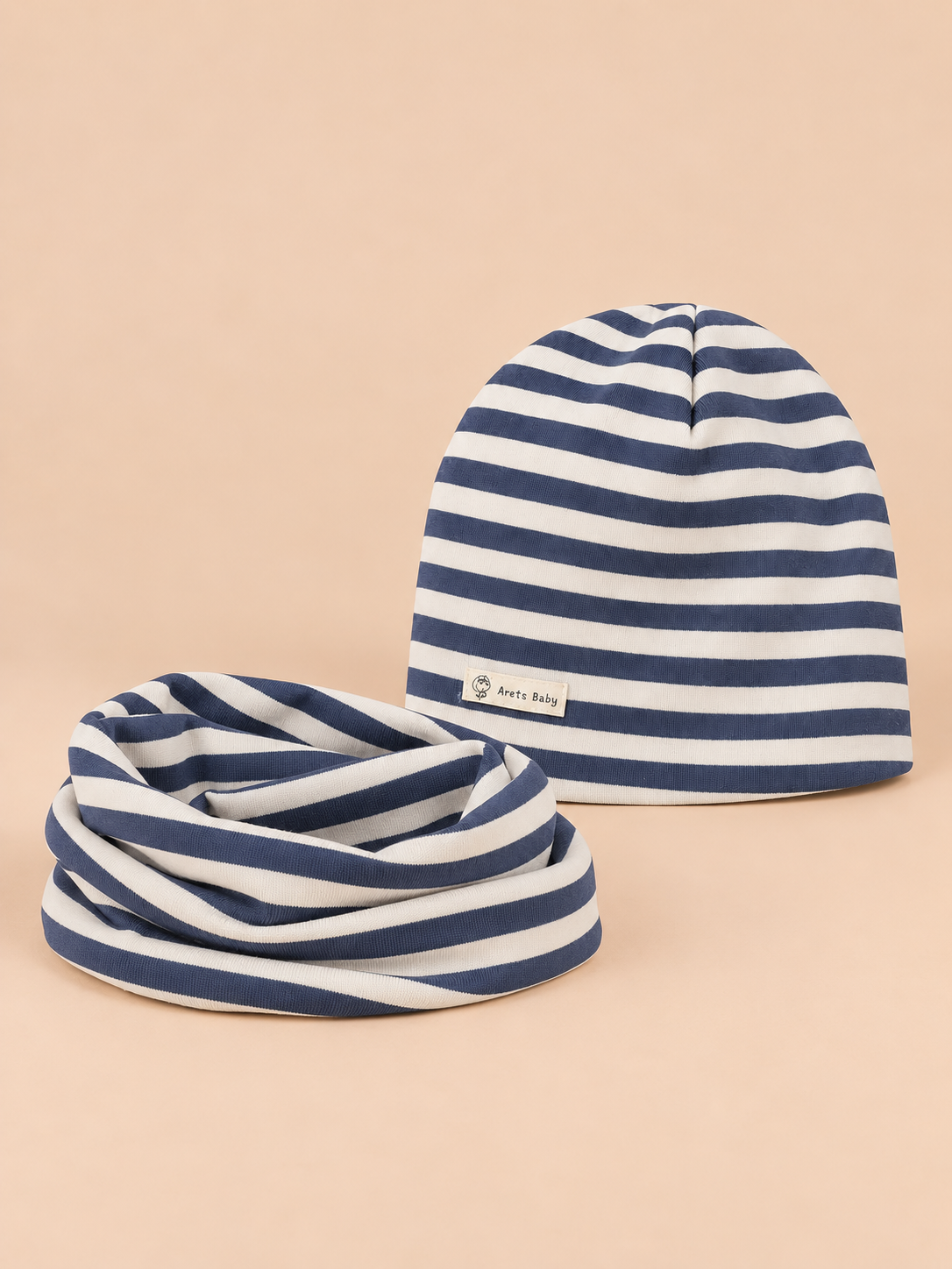 Ensemble bonnet et snood enfant Rayures bleu et blanc, vue de face.