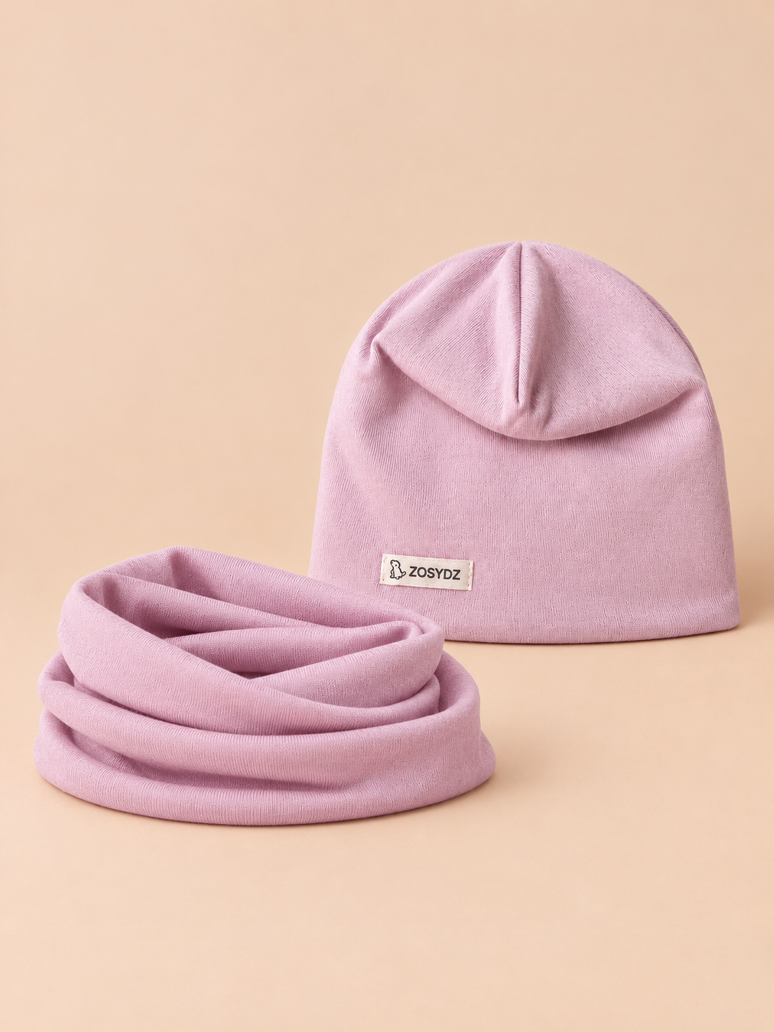 Ensemble bonnet et snood enfant Rose 1, vue de face.