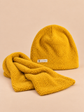 Bonnet et écharpe enfant en peluche, coloris jaune, vue de face.