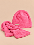 Bonnet et écharpe enfant en peluche, coloris rose fuchsia, vue de face.