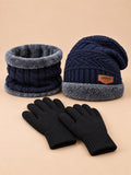 Ensemble bonnet, tour de cou et gants tactiles en maille, bleu, vue de face.