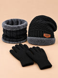 Ensemble bonnet, tour de cou et gants tactiles en maille, noir, vue de face.
