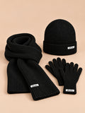 Ensemble bonnet, écharpe et gants femme style coréen, noir, vue de face.