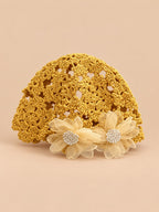 Bonnet fleuri en coton au crochet, jaune, vue de face