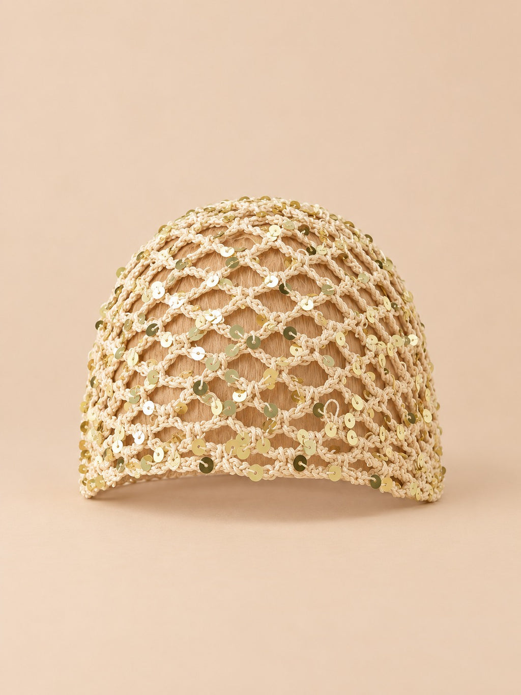 Bonnet foulard en résille au crochet, beige 2, vue de face