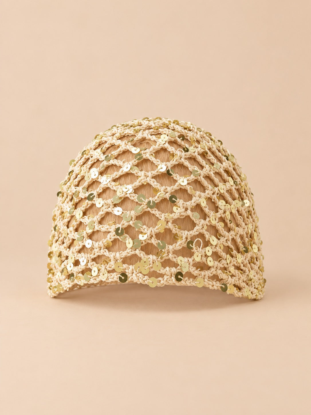 Bonnet foulard en résille au crochet, beige 2, vue de face