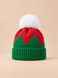 Bonnet de Noël femme torsadé modèle 1, vert et rouge, pompon blanc, vue de face