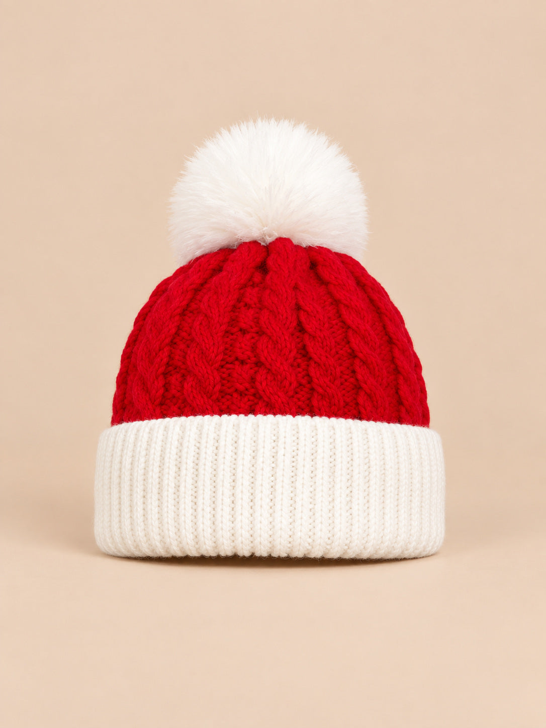 Bonnet de Noël femme torsadé modèle 2, rouge et blanc, pompon blanc, vue de face