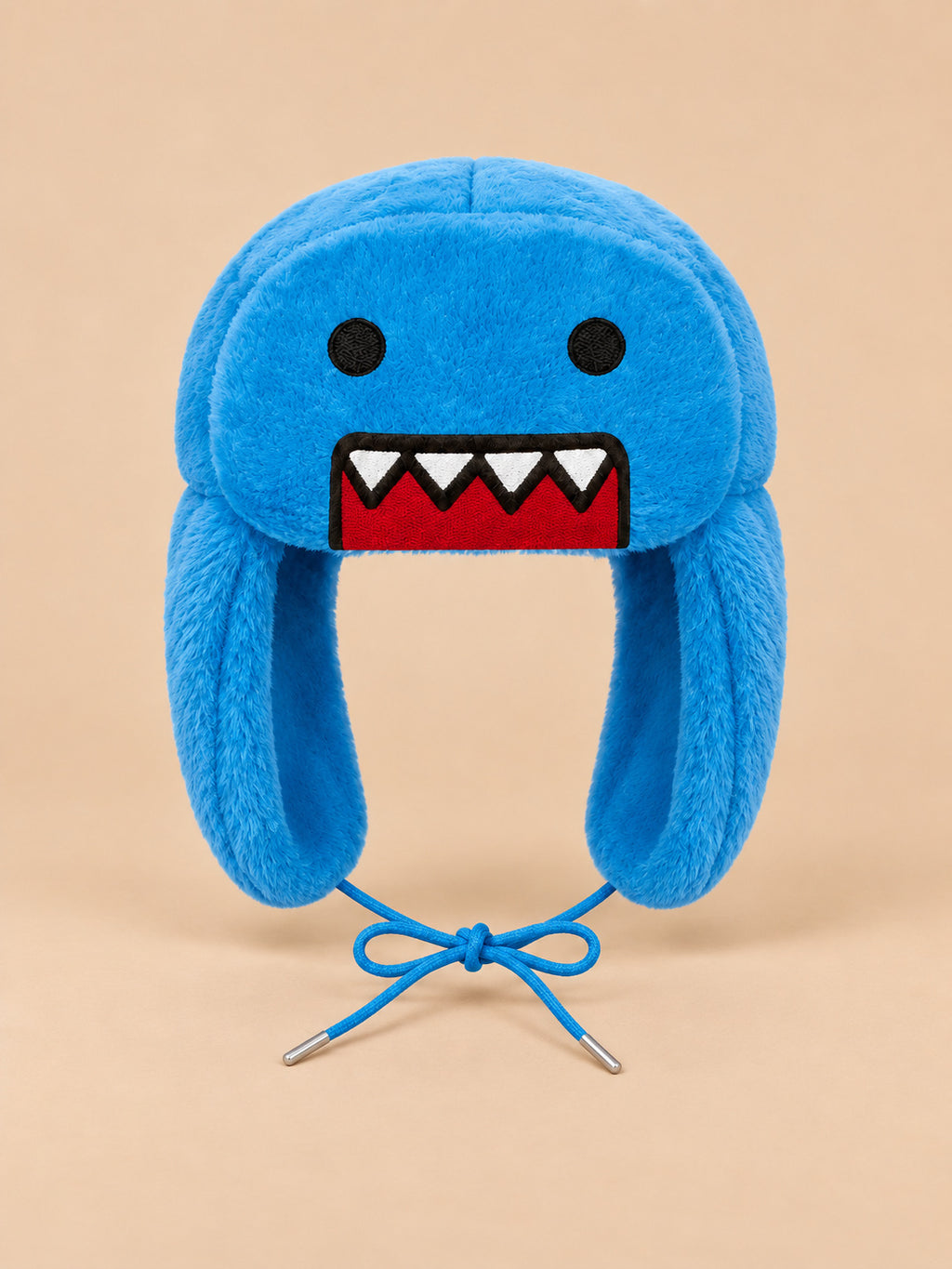 Bonnet enfant bleu à oreillettes en peluche, motif dessin animé, vue de face