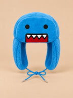 Bonnet enfant bleu à oreillettes en peluche, motif dessin animé, vue de face
