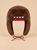 Bonnet enfant marron à oreillettes en peluche, motif dessin animé, vue de face