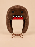 Bonnet enfant marron à oreillettes en peluche, motif dessin animé, vue de face