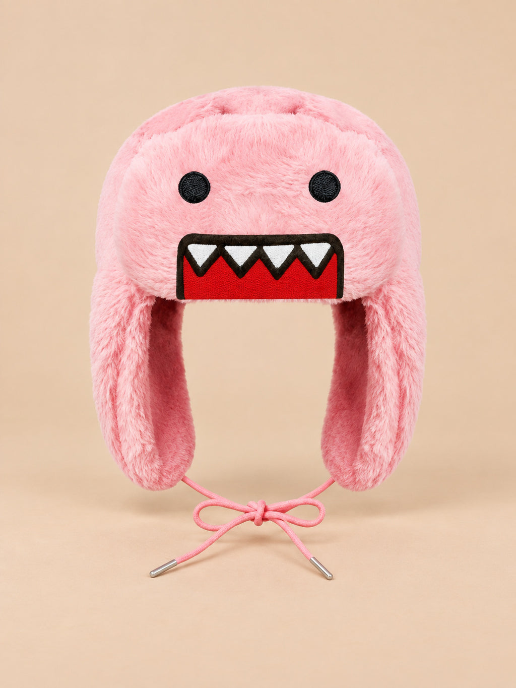 Bonnet enfant rose à oreillettes en peluche, motif dessin animé, vue de face