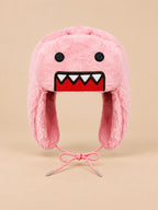 Bonnet enfant rose à oreillettes en peluche, motif dessin animé, vue de face