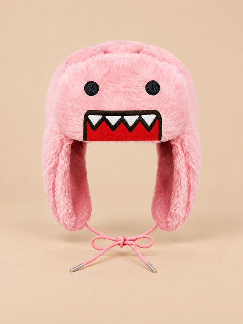 Bonnet enfant rose à oreillettes en peluche, motif dessin animé, vue de face