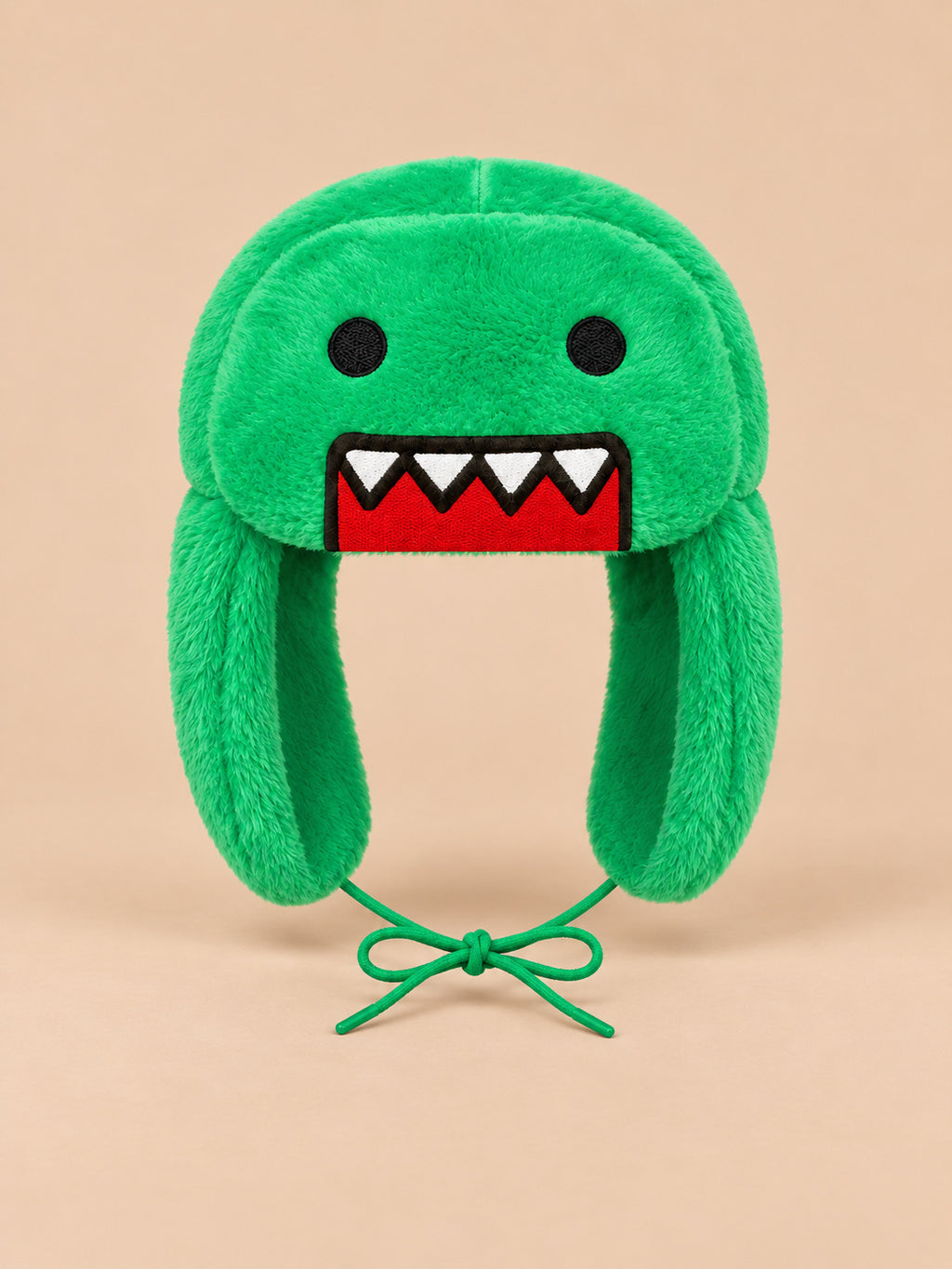 Bonnet enfant vert à oreillettes en peluche, motif dessin animé, vue de face