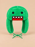 Bonnet enfant vert à oreillettes en peluche, motif dessin animé, vue de face