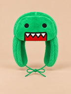 Bonnet enfant vert à oreillettes en peluche, motif dessin animé, vue de face