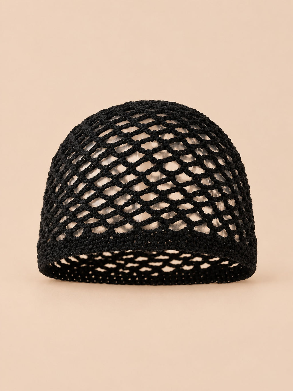 Bonnet résille en coton au crochet, noir, vue de face