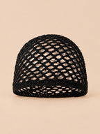 Bonnet résille en coton au crochet, noir, vue de face