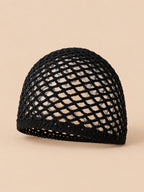 Bonnet résille en coton au crochet, noir, vue de trois quarts